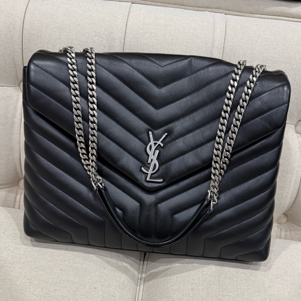Saint Laurent Black Quilted Chevron Tote with Silver YSL Chain